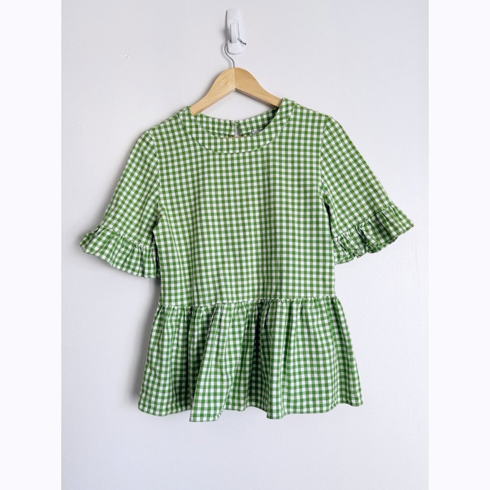 LaRoque Green Gingham Peplum Top Sz Medium Ruffle Grand Millennial Southern Prep